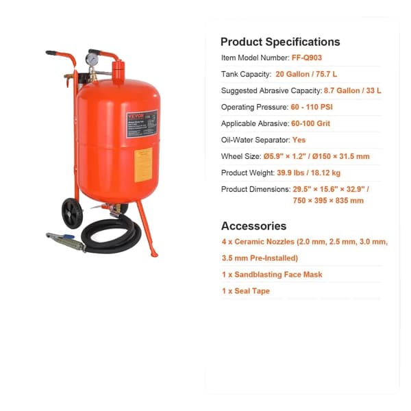 Sandblæser, 20 gallons kapacitet, 60-110 PSI drift,20 gallon
