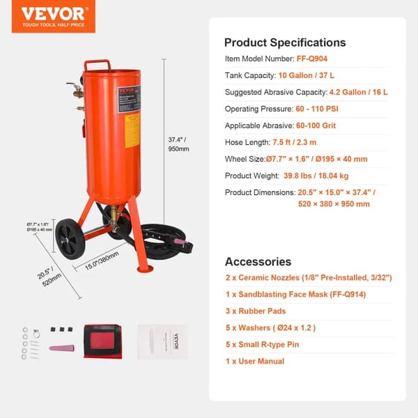 Sandblæser, 20 gallons kapacitet, 60-110 PSI drift,10 gallon