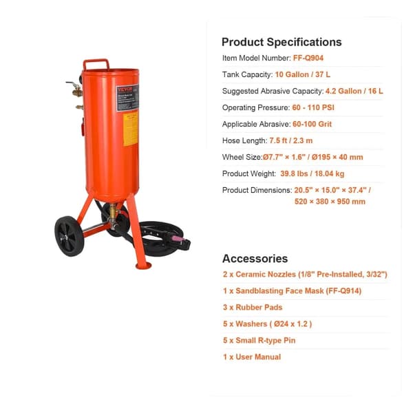 Sandblæser, 20 gallons kapacitet, 60-110 PSI drift,10 gallon