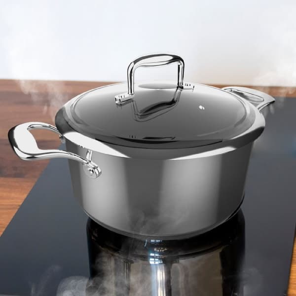 Cecotec 28 cm pot made of high quality stainless steel, with riveted handles and glass tempered lid. It features 5 layers. A non-stick, double-layer