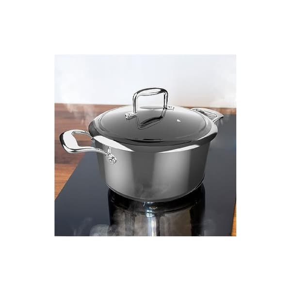 Cecotec 28 cm pot made of high quality stainless steel, with riveted handles and glass tempered lid. It features 5 layers. A non-stick, double-layer