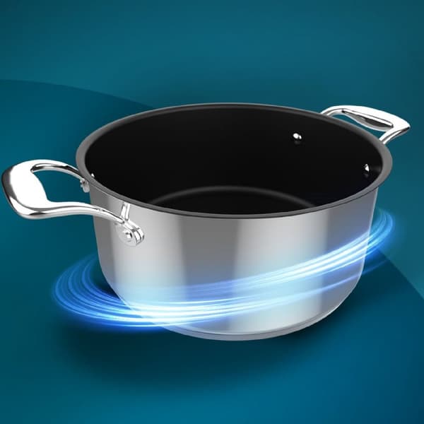Cecotec 28 cm pot made of high quality stainless steel, with riveted handles and glass tempered lid. It features 5 layers. A non-stick, double-layer
