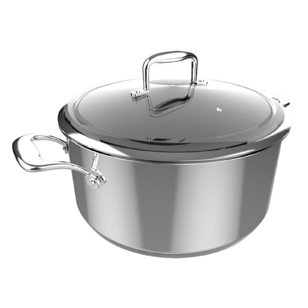 Cecotec 28 cm pot made of high quality stainless steel, with riveted handles and glass tempered lid. It features 5 layers. A non-stick, double-layer