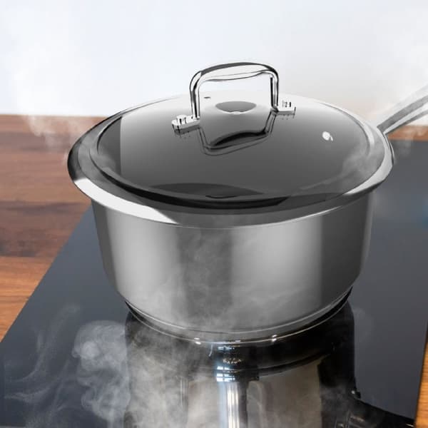 Cecotec 16 cm casserole pot made of high quality stainless steel, with stainless-steel riveted handle and glass tempered lid. It features 5 layers. A