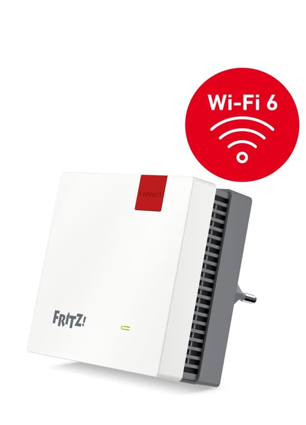 AVM FRITZ!Repeater 1200 AX (Wi-Fi 6 repeater med två radioenheter: 5 GHz-bandet (upp till 2 400 MBit/s), 2,4 GHz-bandet (upp till 600 MBit/s), tysktal Vit
