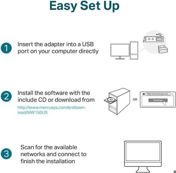 Nano N150 WiFi Key - MERCUSYS - MW150US - USB 2.0 - 2.4 GHz - Enkel installation