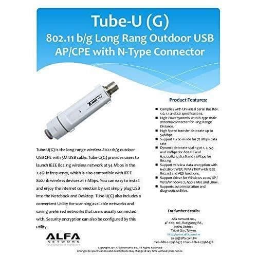 Alfa Tube U (G) 802.11g CPE USB-adapter för lång räckvidd utomhus (N hane)