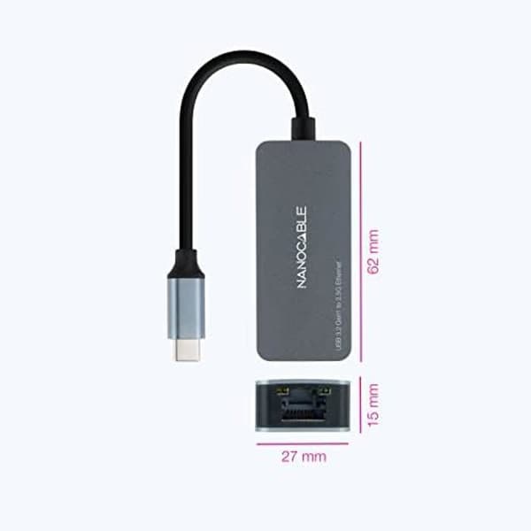 NANOCABLE 10.03.0410 - USB-C 3.2 GEN1 till 2.5G Ethernet-omvandlare, USB-C 3.2 GEN1 till 2.5G Ethernet-adapter, fodral