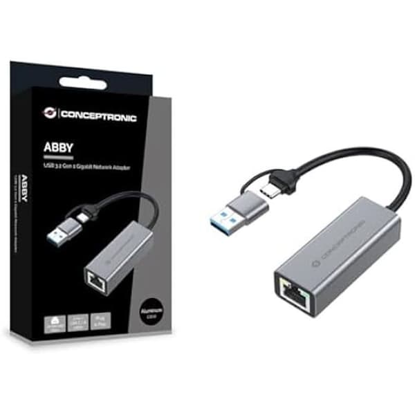 USB-nätverksadapter - CONCEPTRONIC - ABBY08G - USB 3.2 Gen 1 - 10/100/1000 Mbps - Wake-on-LAN