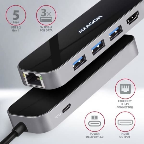 AXAGON-kompatibel HMC-6GL USB-Hub, 3X USB-3.0, 1x RJ-45, 1x HDMI - 8595247906182