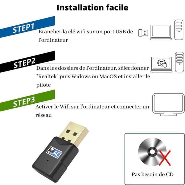 Clé WIFI Dongle USB 600 Mpbs för PC, Dator Kompatibel med Windows 11/10/8.1/8/7/Vista/XP/MacOS Phonillico®