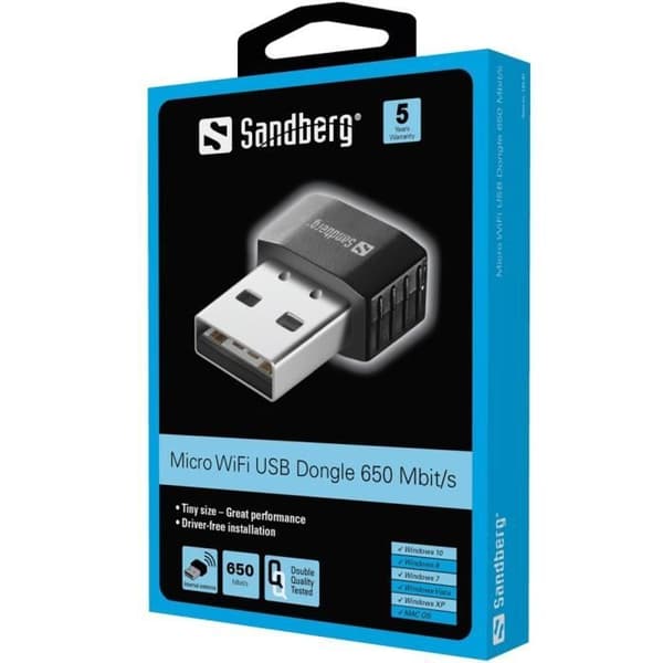 USB WiFi Adapter - SANDBERG - Micro WiFi Dongle 650 Mbit/s - Plug and Play - Drivs av USB-port - Extern