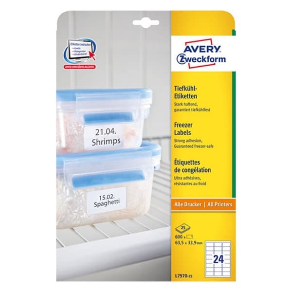 Avery AV-L7970-25 Frysetiketter 63,5x33,9 mm 600 delar Vit