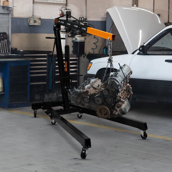 Motorløftkran Kapacitet 2 Ton 2000kg med Hydraulisk Pumpesystem, Foldbare Ben | 6 Hjul + 4 Armpositioner, Løftekrog og Kæde til Værksted, Garage