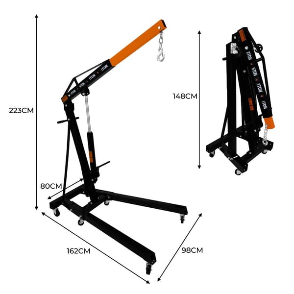 Motorløftkran Kapacitet 2 Ton 2000kg med Hydraulisk Pumpesystem, Foldbare Ben | 6 Hjul + 4 Armpositioner, Løftekrog og Kæde til Værksted, Garage
