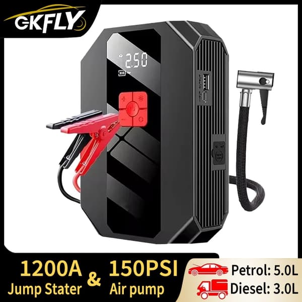 Bilbatteri Starter, 1200A Jump Starter, 150PSI Luftkompressor,Batteridrevet, 150SPI Luftpumpe