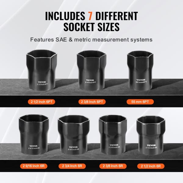 Hjulleje Låsemøtrik Socket Sæt, 7-Delt Sæt, Holdbart Cr-Mo Materiale, 1/2" Hovedstørrelse