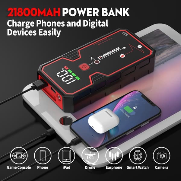 Bilbatteri Booster, 4000A Spidsstrøm, 21800mAh Kapacitet, Alsidig Brug