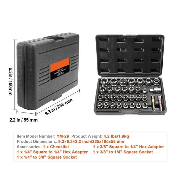 Bolt Extractor Sæt, 29 Stykker, Cr-Mo Materiale, Skridsikker Design,29PCs med etui