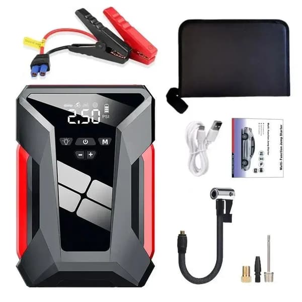 28000mAh Käynnistysakku, 1200A Huippuvirta, Monitoiminen Ilmakompressori,4 IN1 Jump Starter