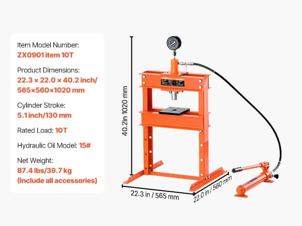 Hydraulisk Værkstedspresse, 10 Tons Kapacitet, Justerbar Højde, Kraftig Konstruktion,10T