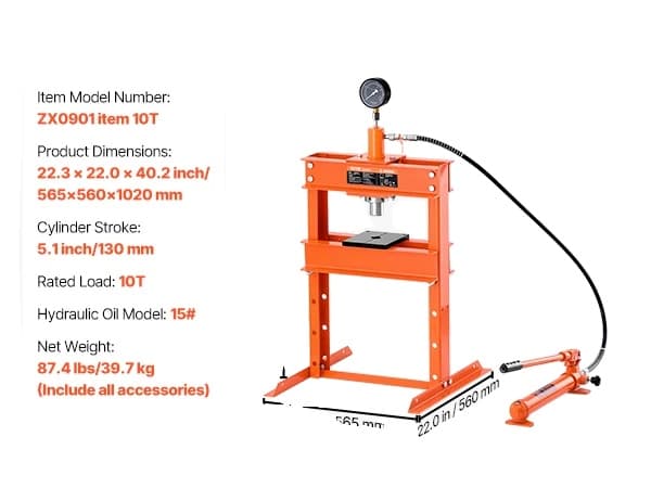Hydraulisk Værkstedspresse, 10 Tons Kapacitet, Justerbar Højde, Kraftig Konstruktion,10T