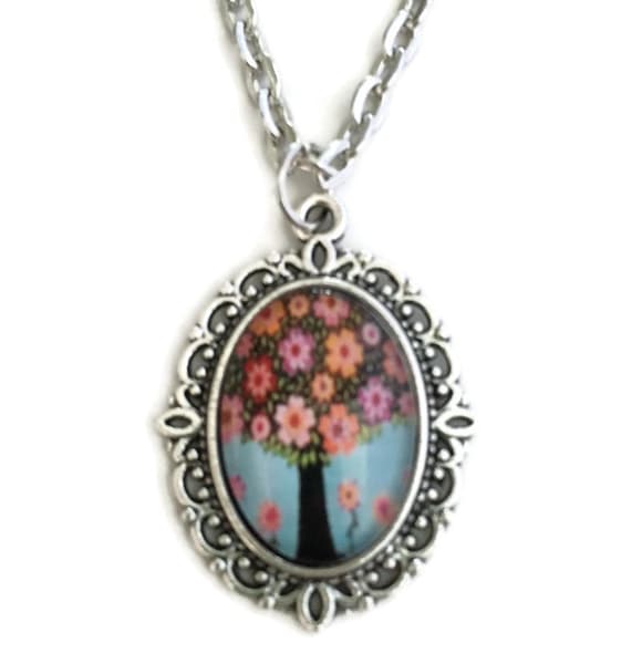 Necklace - Tree of Life - Pink Flowers - Silver