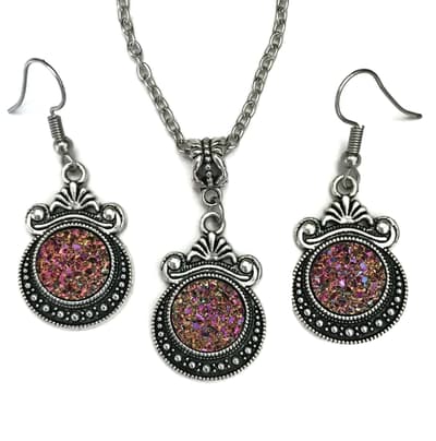 Earrings - Necklace - Glitter - Druzy - Pink/Bronze - Silver
