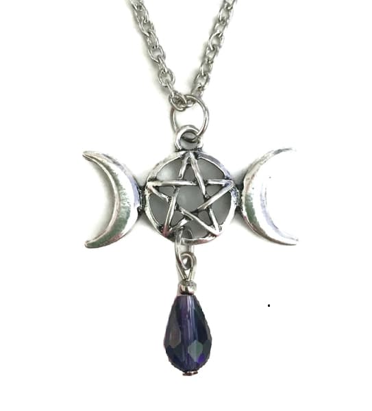 Necklace - Pentagram - Triple Moon - Glass Drop - Purple