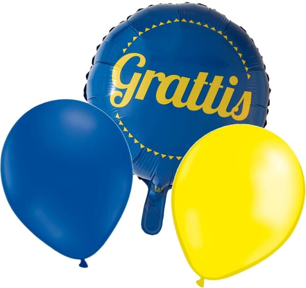 Grattis Ballongmix - 10 gula & 10 blå latex + Folieballong med text 'Grattis' -  för Studenten, Examen, Fest, Högtid & Födelsedag