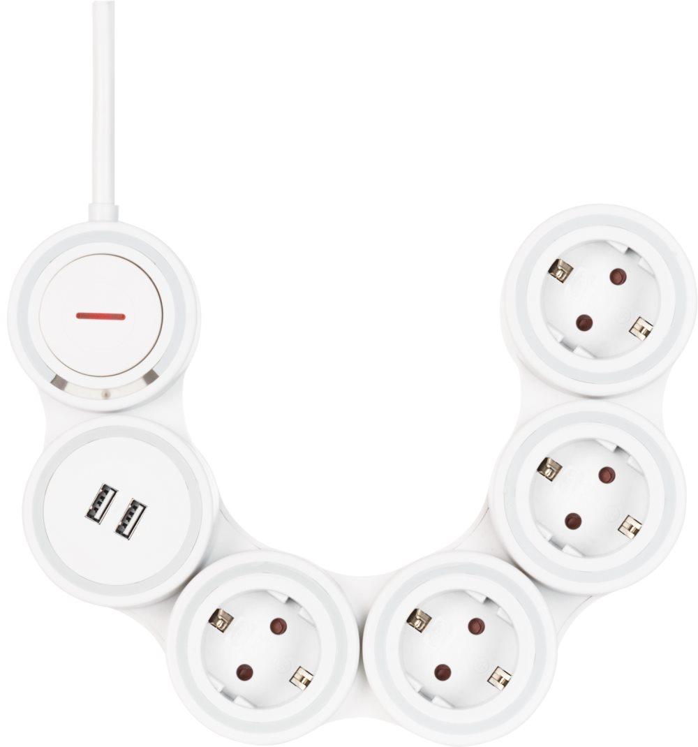 Deltaco Flexibelt Grenuttag med 4 kontakter & 2 USB-A