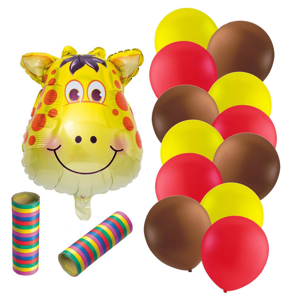 1 Folieballon Smilende Giraf Hoved, 12 Latexballoner og 2 ruller Serpentiner