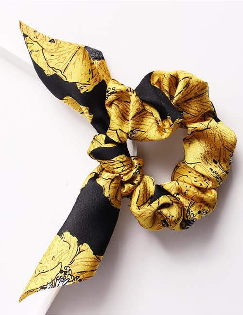 Hårsnodd Bow Scrunchie Flower (svart/gul)