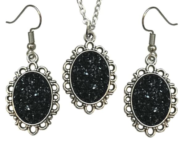 Necklace - Earrings - Set - Glitter - Druzy - Black