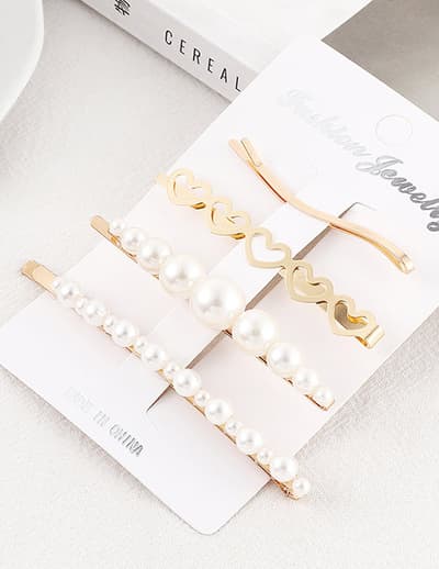 4-pack Hårnålar Hjärtan/Pärlor (guld/vit)