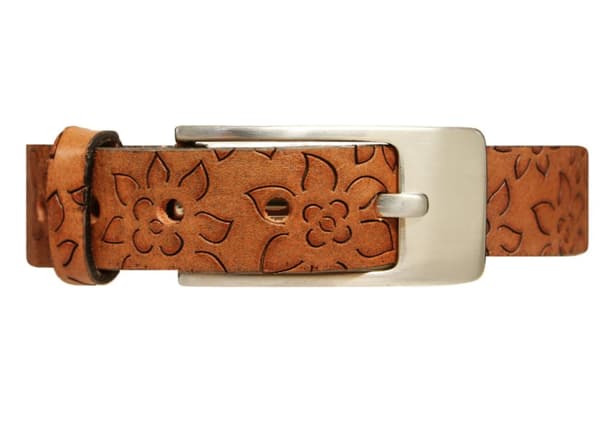 Brunt 25mm damskärp i kalvläder med blommotiv