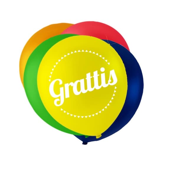 Ballonger i blandade färger med texten 'Grattis'