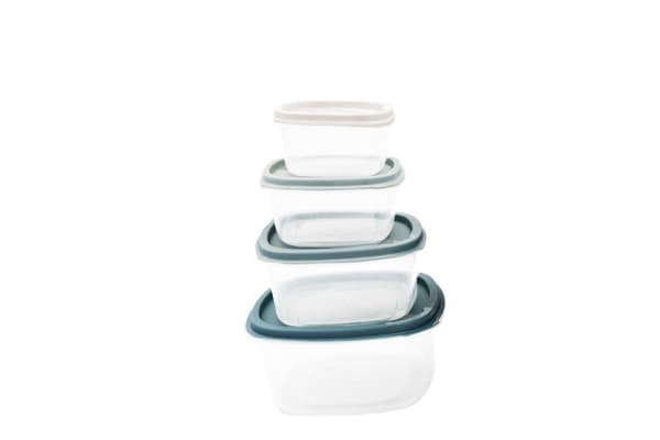 Set med 6 plastmatbehållare med lock