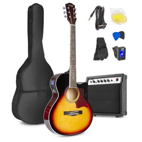 El akustisk gitarr pack sunburst med förstärkare och stämapparat Showkit elektrisk akustisk gitarr pack sunburst