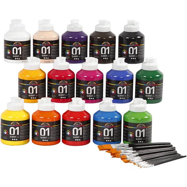 Akrylfärg Kids Acrylic Blank - 15 Mixade Färger och 30 penslar