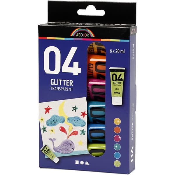 A-Color Glitter Transparent - Akrylfärg - Mixade färger - 6x20 ml