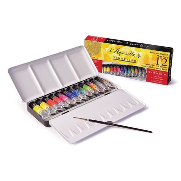 Akvarell extra-fine - Sennelier - Metallask 12 tuber 10ml - Flerfärgad - Fransk tillverkning - Blandad