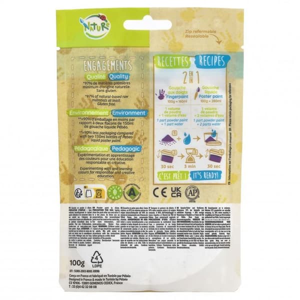 Sachet Gouache i pulver 100g Vit - PEBEO - Tactilcolor - Vattenlöslig - För barn från 2 år