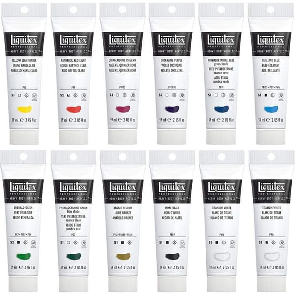 Akvarellfärg - Liquitex - Heavy Body - 12 tuber om 59 ml - Satinfinish - Professionell
