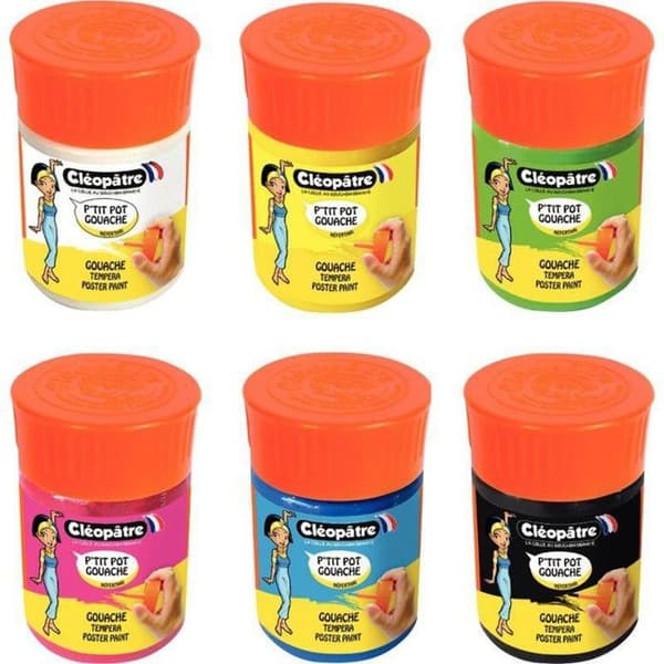 Set om 6 små färgburkar med 50 ml gouache och integrerade penslar KLÉOPÂTRE, assorterade färger.