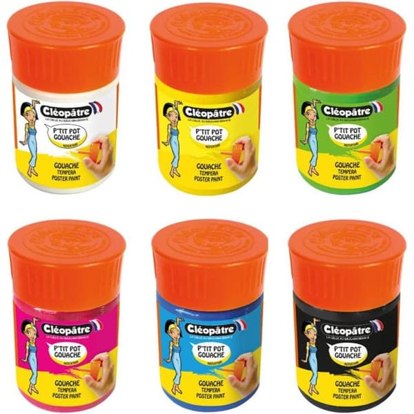 Set om 6 små färgburkar med 50 ml gouache och integrerade penslar KLÉOPÂTRE, assorterade färger.