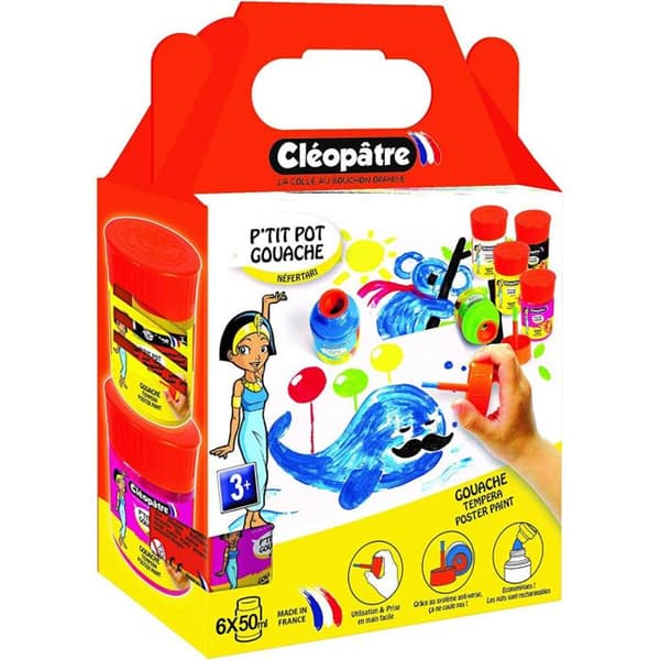 Set om 6 små färgburkar med 50 ml gouache och integrerade penslar KLÉOPÂTRE, assorterade färger.