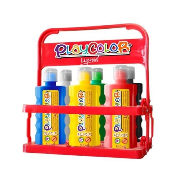 Set med 6 Playcolor Basic Flytande Gouachefärg 500ml + förvaringsbox - 19471 TU sortiment