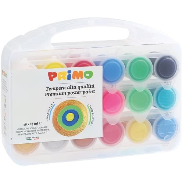 PRIMO 258TB18FMP Fluorescerande och metallisk flytande gouache, multifunktionsväska, 18 färger om 25 ml.
