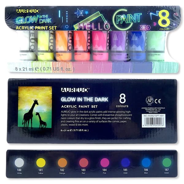 Sæt med 8 GLOW akrylmalinger lyser i mørket glans AUREUO 8x21ml
